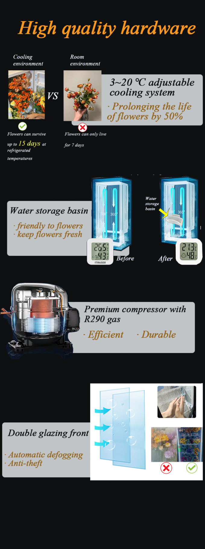 Le distributeur automatique de refroidissement intelligent de casier de micron utilisent le matériel de haute qualité, nous a mis un bassin de stockage de l'eau dans le distributeur automatique de fleur